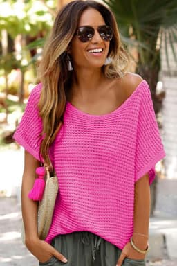 image-Pink Solid Loose Knit Short Dolman Sleeve Sweater