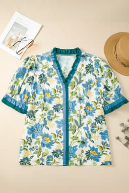 image-Sky Blue Plus Size Frilled V Neck Short Sleeve Floral Blouse