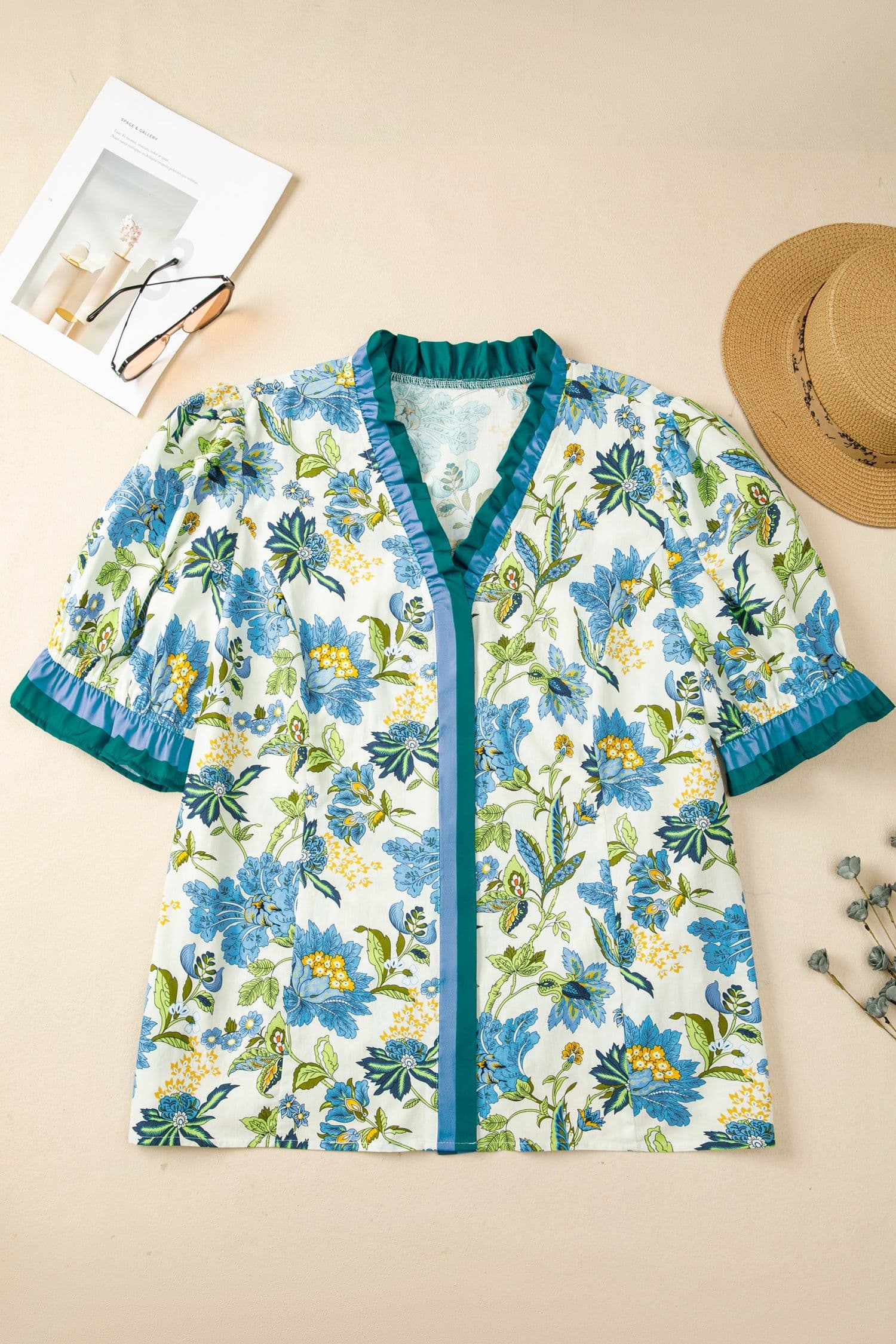 image-Sky Blue Plus Size Frilled V Neck Short Sleeve Floral Blouse