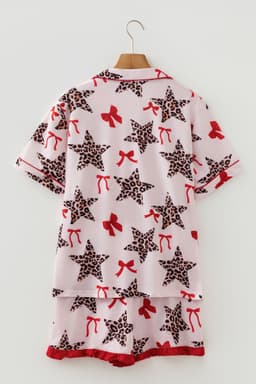 image-White Leopard Star Ribbon Bow Print Contrast Trim Short Pajama Set