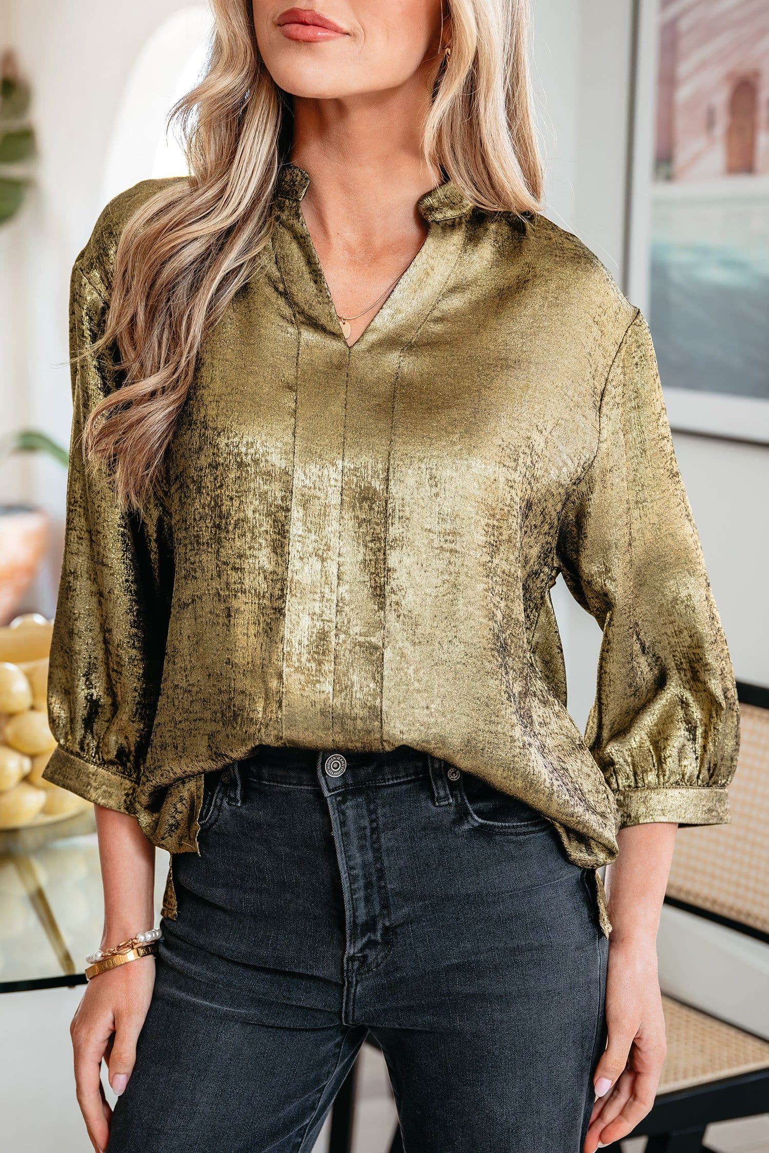 image-Gold Metallic Split Neck Half Sleeve Blouse