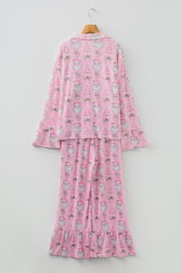 image-Pink Christmas Print Ruffled Ribbed Shirt & Pants 2 Piece PJ Set