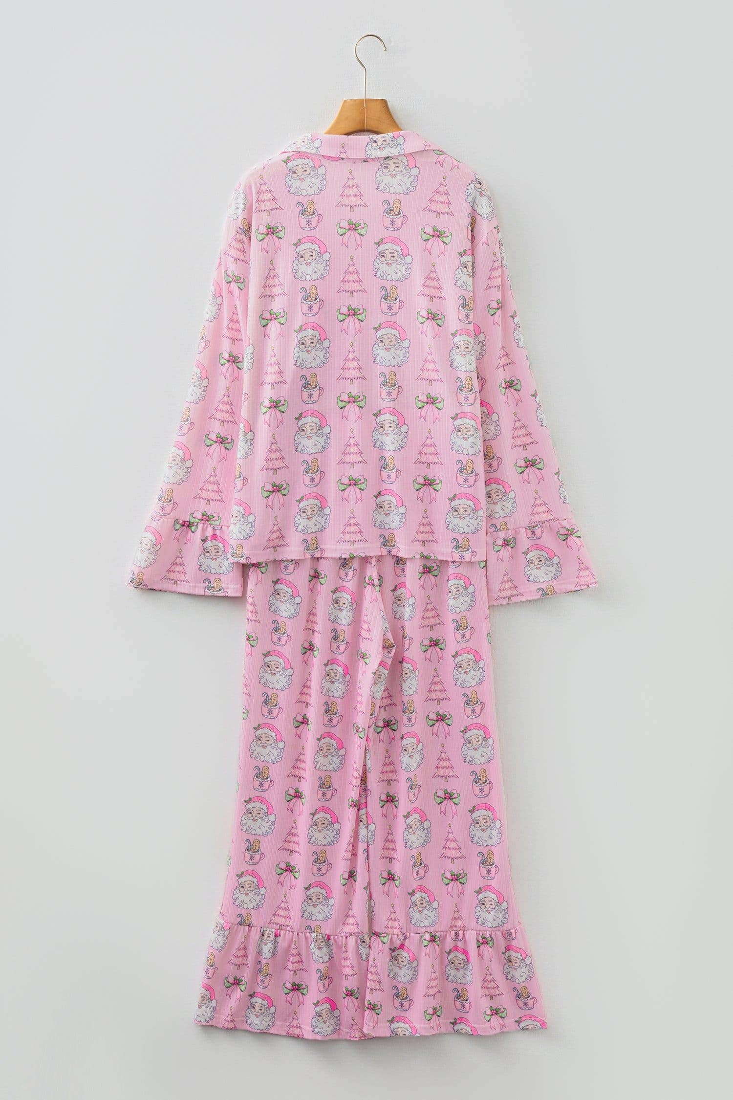image-Pink Christmas Print Ruffled Ribbed Shirt & Pants 2 Piece PJ Set