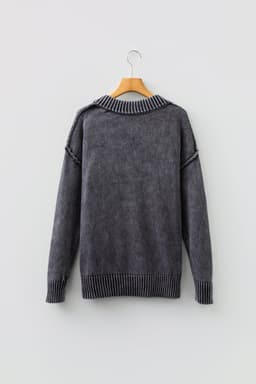 image-Four Leaf Clover Mineral Wash V Neck Knit Exposed Seam Drop Shoulder Loose Sweater
