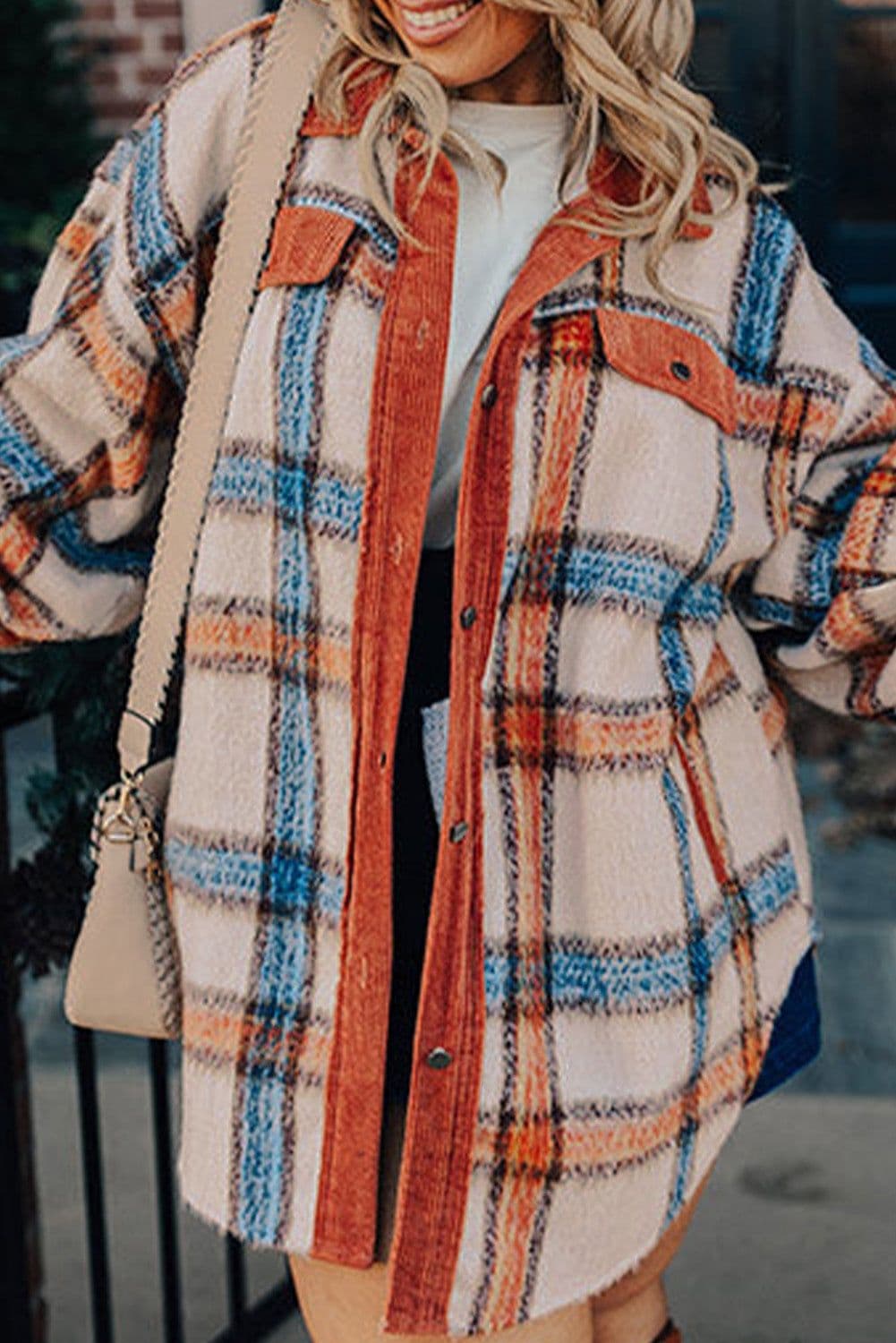 image-Brown Stripe Plaid Print Plus Size Jacket