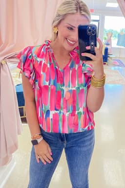 image-Rose Abstract Brush Print Ruffled Sleeve V Neck Blouse