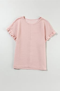 image-Light Pink Ruffled Short Sleeve Blouse - Solid Texture Elegant Design