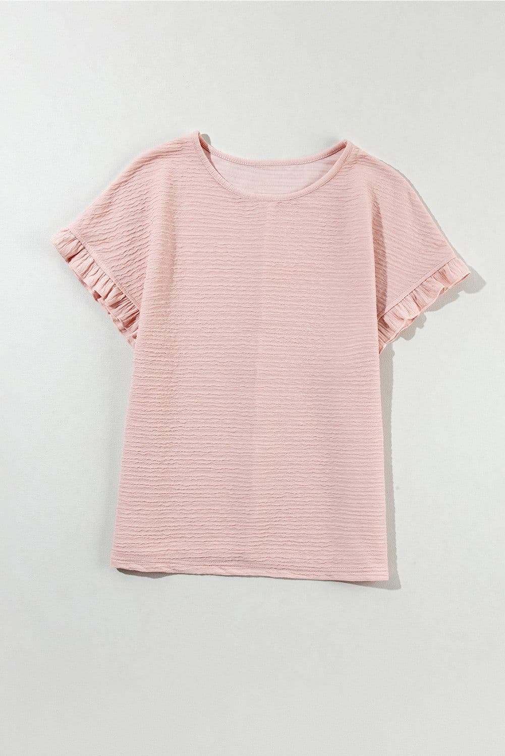 image-Light Pink Ruffled Short Sleeve Blouse - Solid Texture Elegant Design