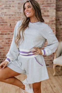 image-Light Grey Striped Cropped Pullover and Athletic Short Set