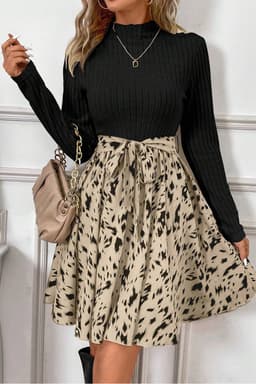 image-Ribbed Knit Patchwork A-line Dress - Beige