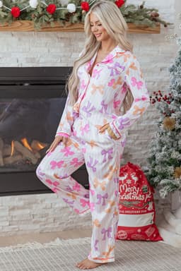 image-Pink Striped Bow Print Pajama Set - Piped Trim 2PC