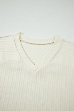 image-Beige Twisted Knit V Neck T Shirt
