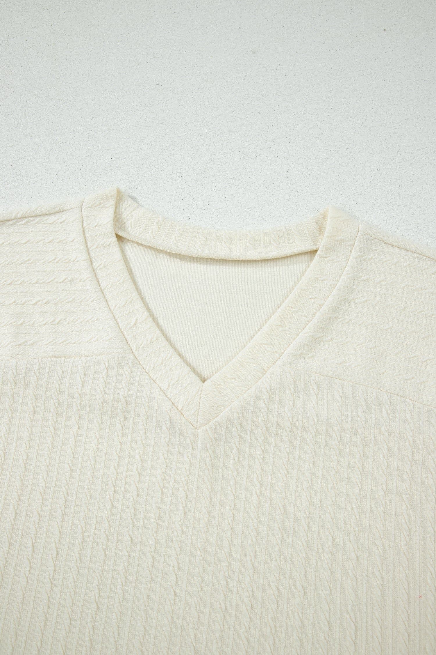 image-Beige Twisted Knit V Neck T Shirt
