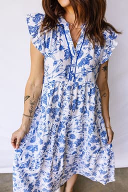 image-Blue Ruffled Short Sleeve Tiered Floral Midi Dress