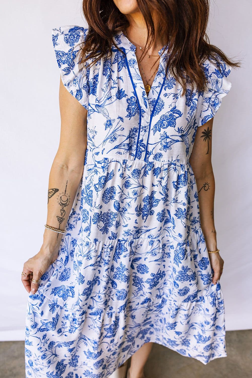 image-Blue Ruffled Short Sleeve Tiered Floral Midi Dress
