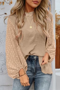 image-Gossamer Pink Swiss Dot Balloon Sleeve Blouse - Elegant & Romantic Design