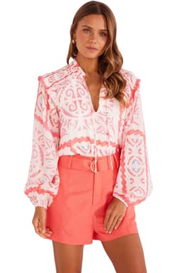 image-Vintage Desert Flower Blouse with Poet Collar & Billowy Sleeves