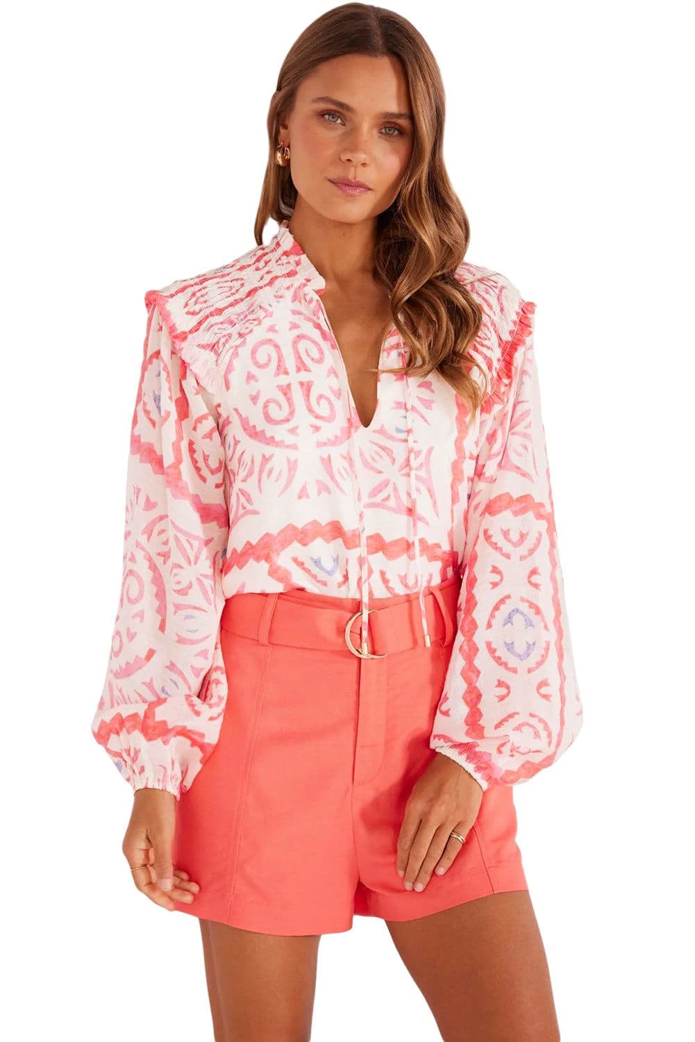 image-Vintage Desert Flower Blouse with Poet Collar & Billowy Sleeves