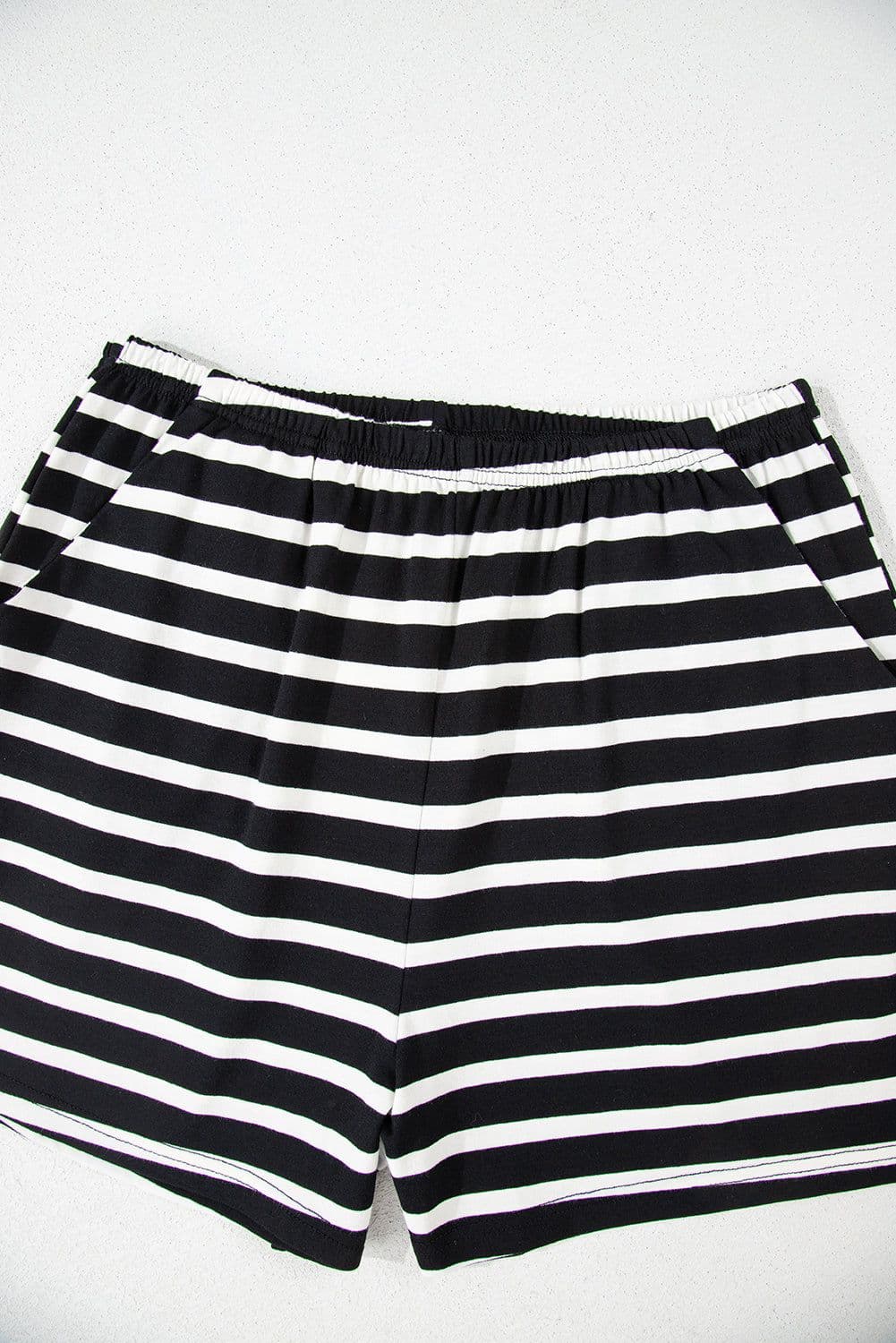 image-Black & White Striped Top & Shorts Set, Short Sleeve, Medium-High Elasticity