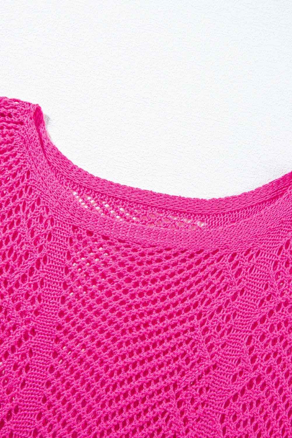 image-Rose Red Pointelle Knit Top - Short Sleeve, Scallop Edge, Delicate Design