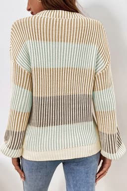 image-Textured Knit Colorblock Sweater - Bubble Sleeves - Brown