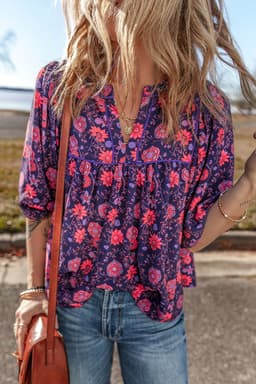 image-Floral Half Sleeve Split Neck Blouse Top - Purple
