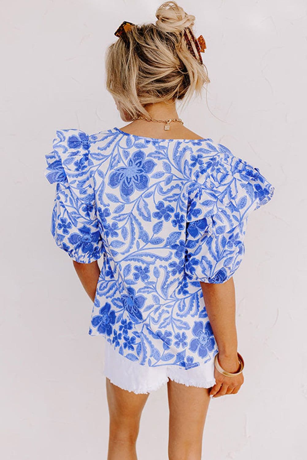 image-Dark Blue Floral Ruffled Sleeve Blouse - Chic Bubble Sleeve Design