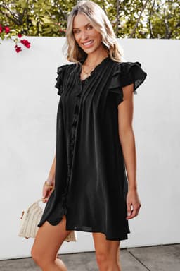 image-Black Ruffle Sleeve V Neck Frilled Shift Dress