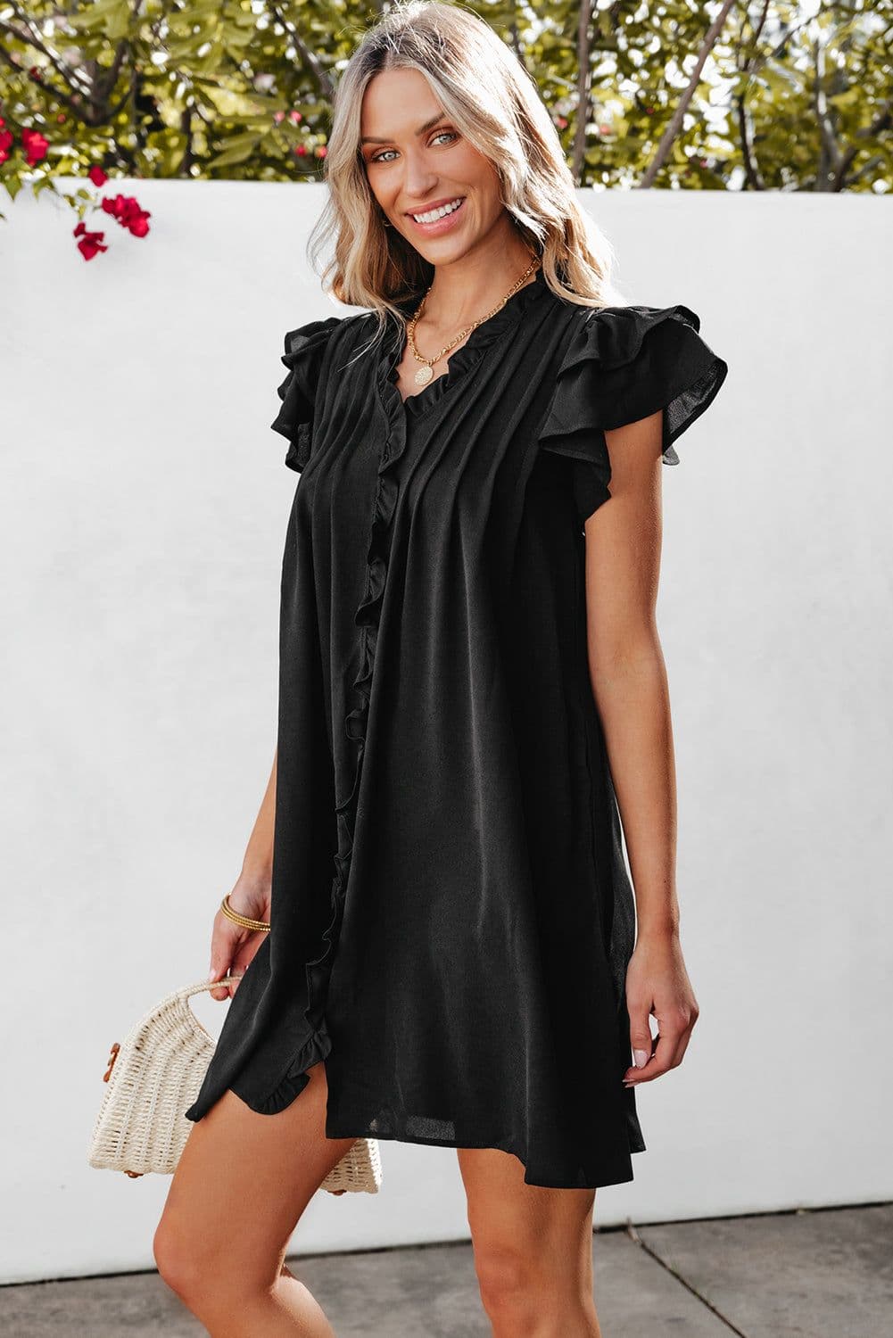 image-Black Ruffle Sleeve V Neck Frilled Shift Dress