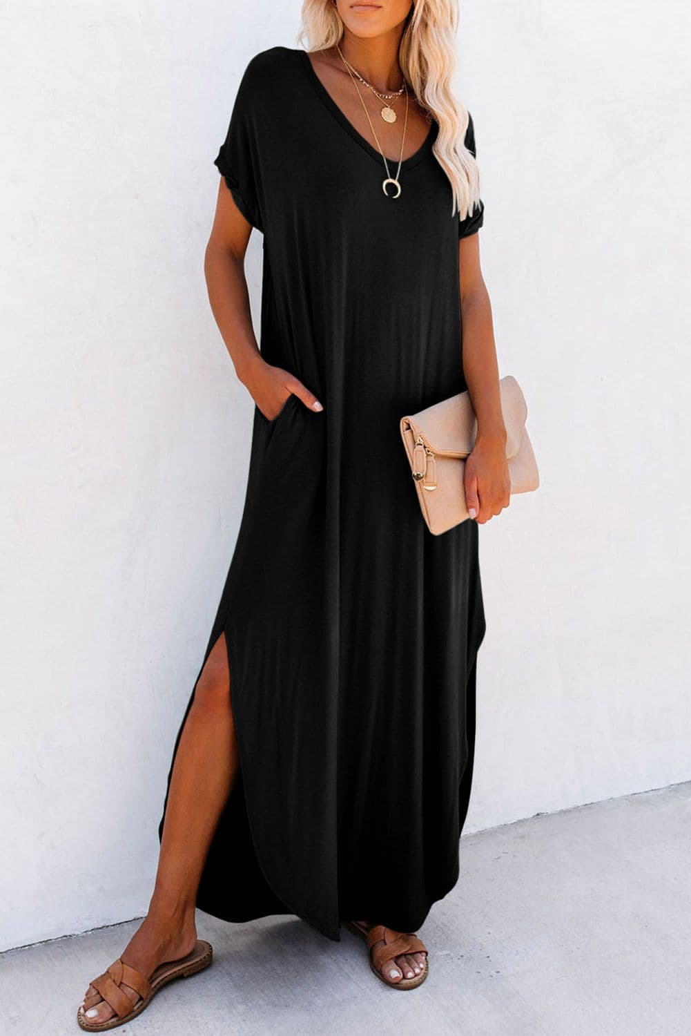 image-Black V Neck Splits Maxi T-shirt Dress, Lightweight, Breathable, S-XL