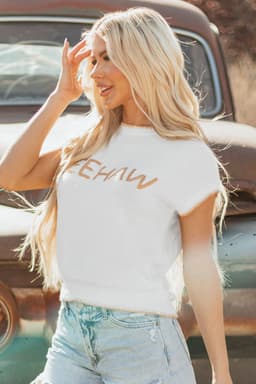 image-White Knitted YEEHAW Stitch Edge Crew Neck Sweater T Shirt