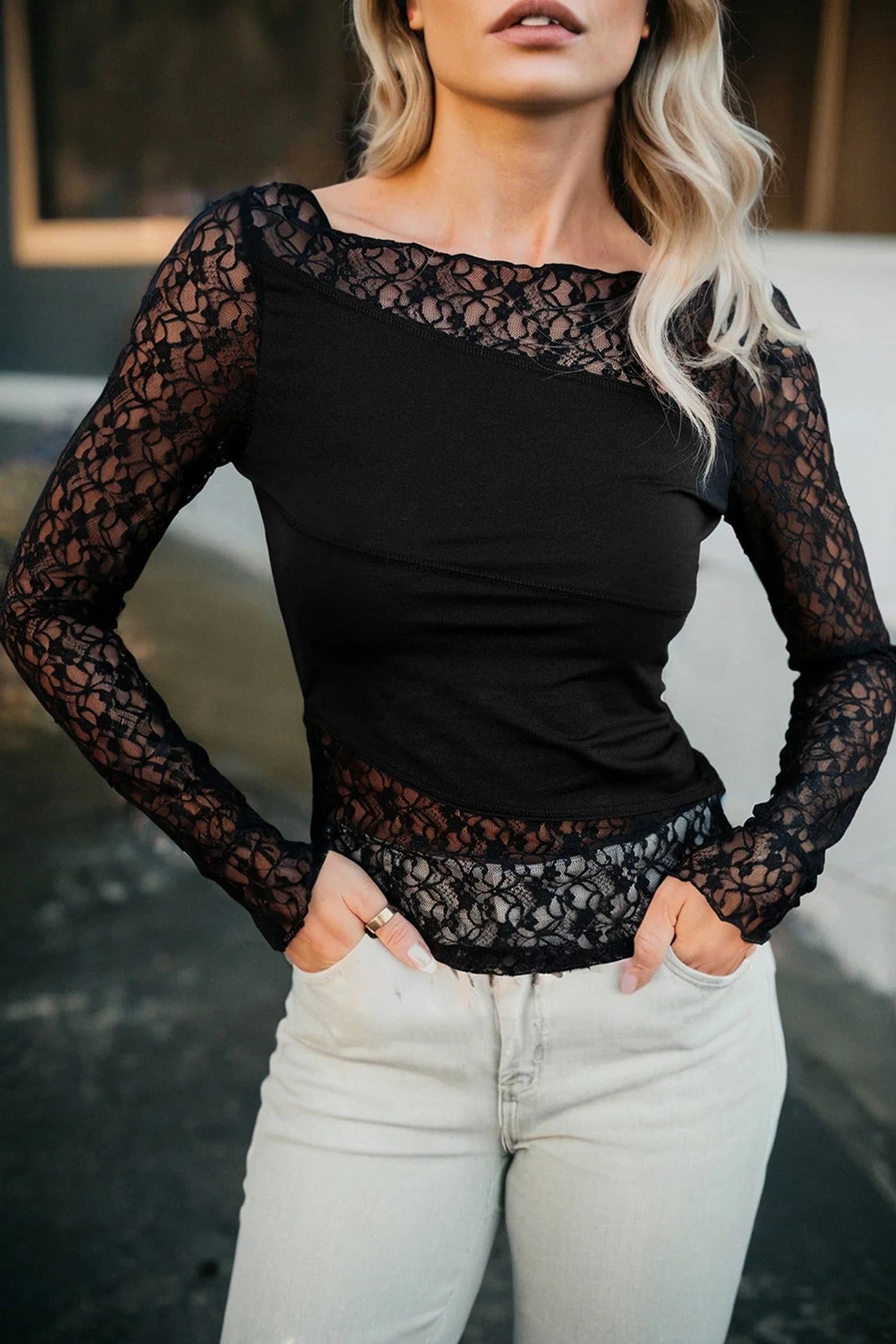 image-Black Asymmetric Sheer Lace Patchwork Long Sleeve Top