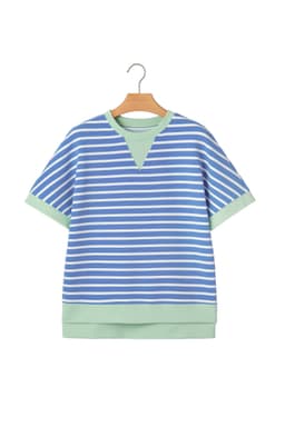image-Sky Blue Stripe Top - Loose Short Sleeve Contrast Trim - Sizes Available