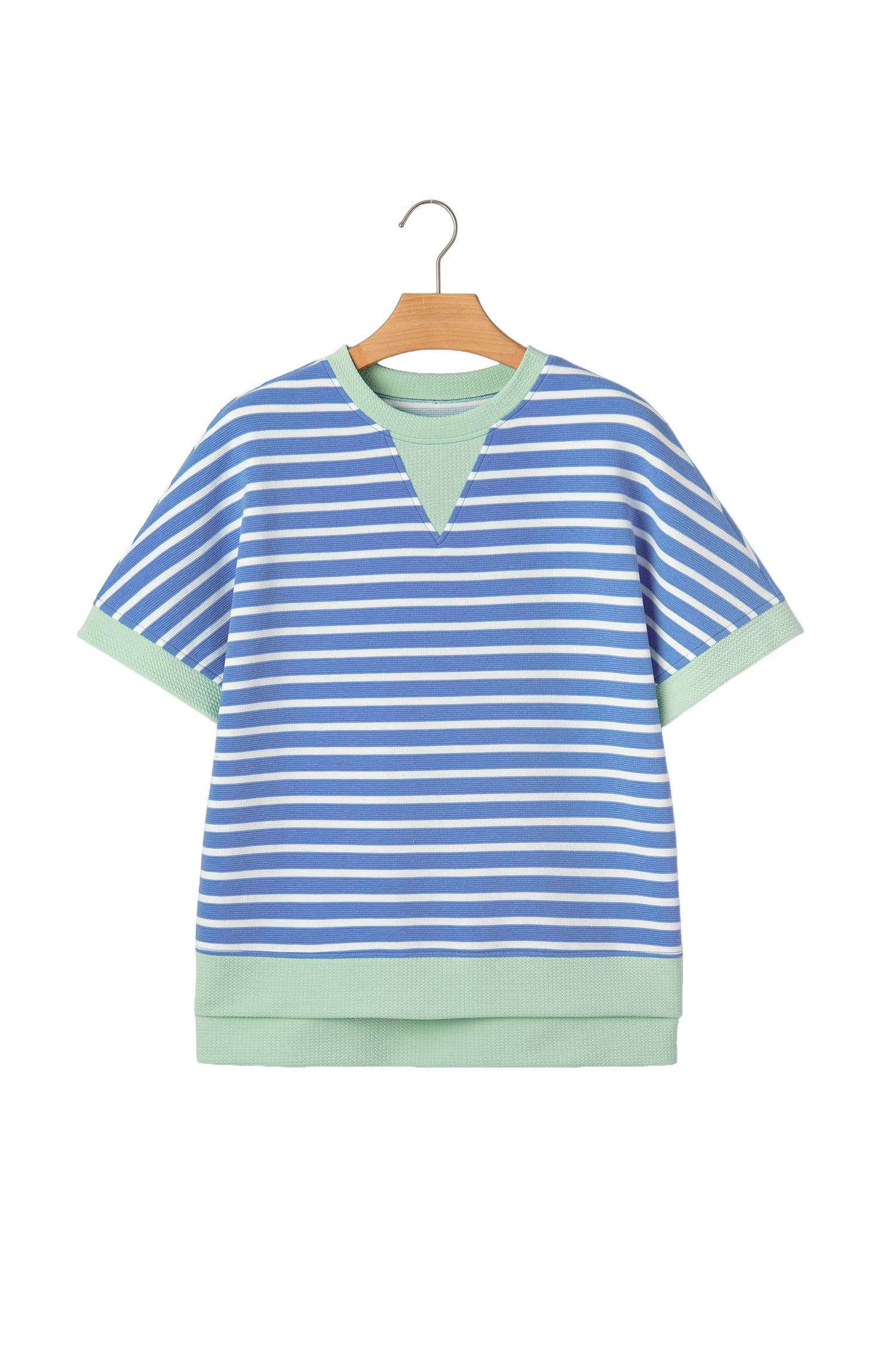 image-Sky Blue Stripe Top - Loose Short Sleeve Contrast Trim - Sizes Available