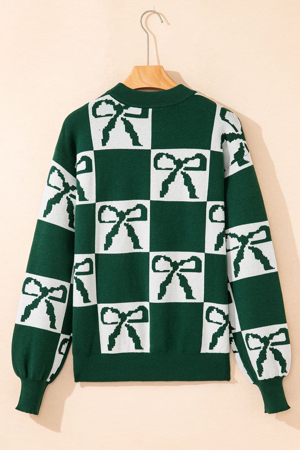 image-Blackish Green Checkered Bow Print Casual Sweater