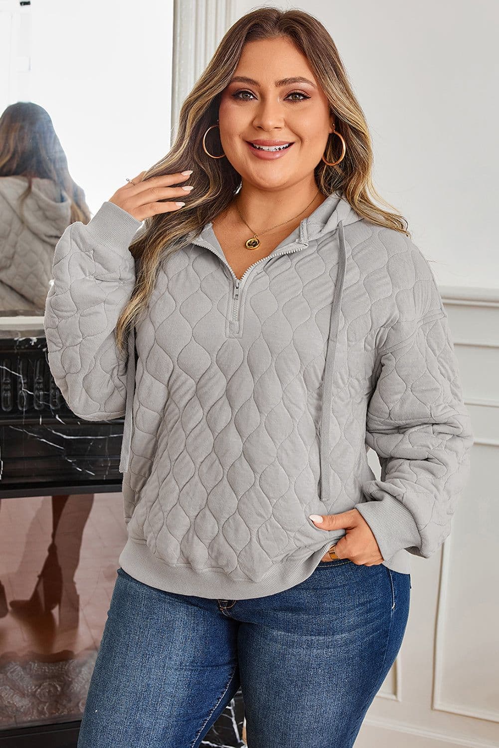 image-Gray Quilted Quarter Zip Plus Size Hoodie