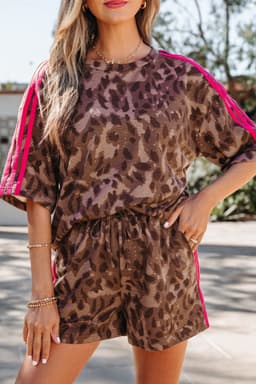 image-Brown Contrast Striped Accent Leopard Short Set