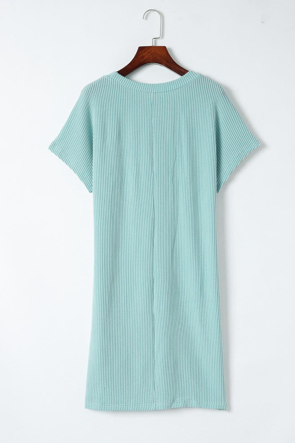 image-Blue Striped Ribbed Knit T-Shirt Shift Dress, Size Chart, Loose Fit, Fashionable Patch Pocket