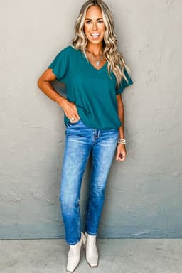 image-Blue Sapphire Crinkled V Neck T-shirt - Women's Fashion