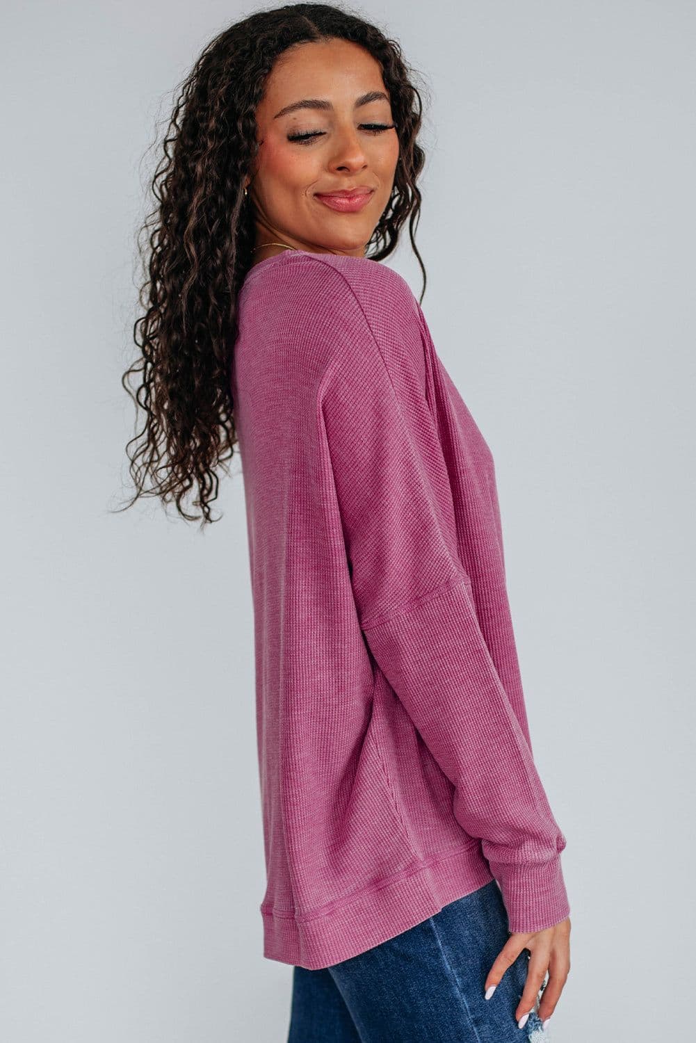 image-Bright Pink Waffle Knit Patchwork Long Sleeve Top