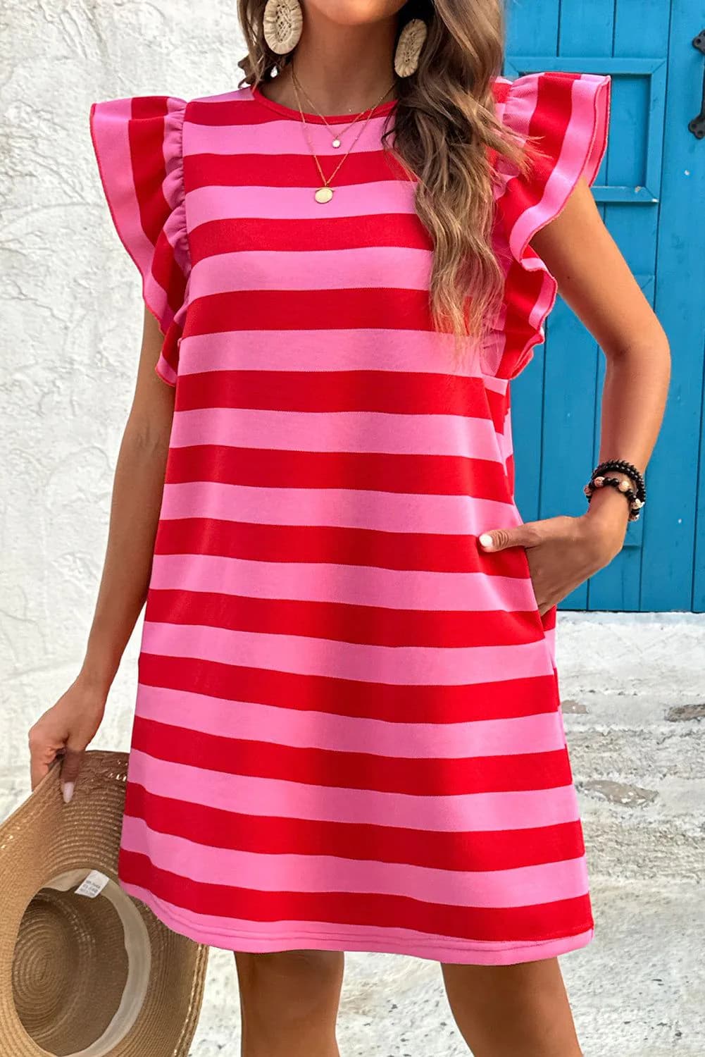 image-Red Stripe Flutter Sleeve Shift Dress