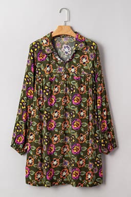 image-Green Floral Print Split Neck Bubble Sleeve Shift Mini Dress