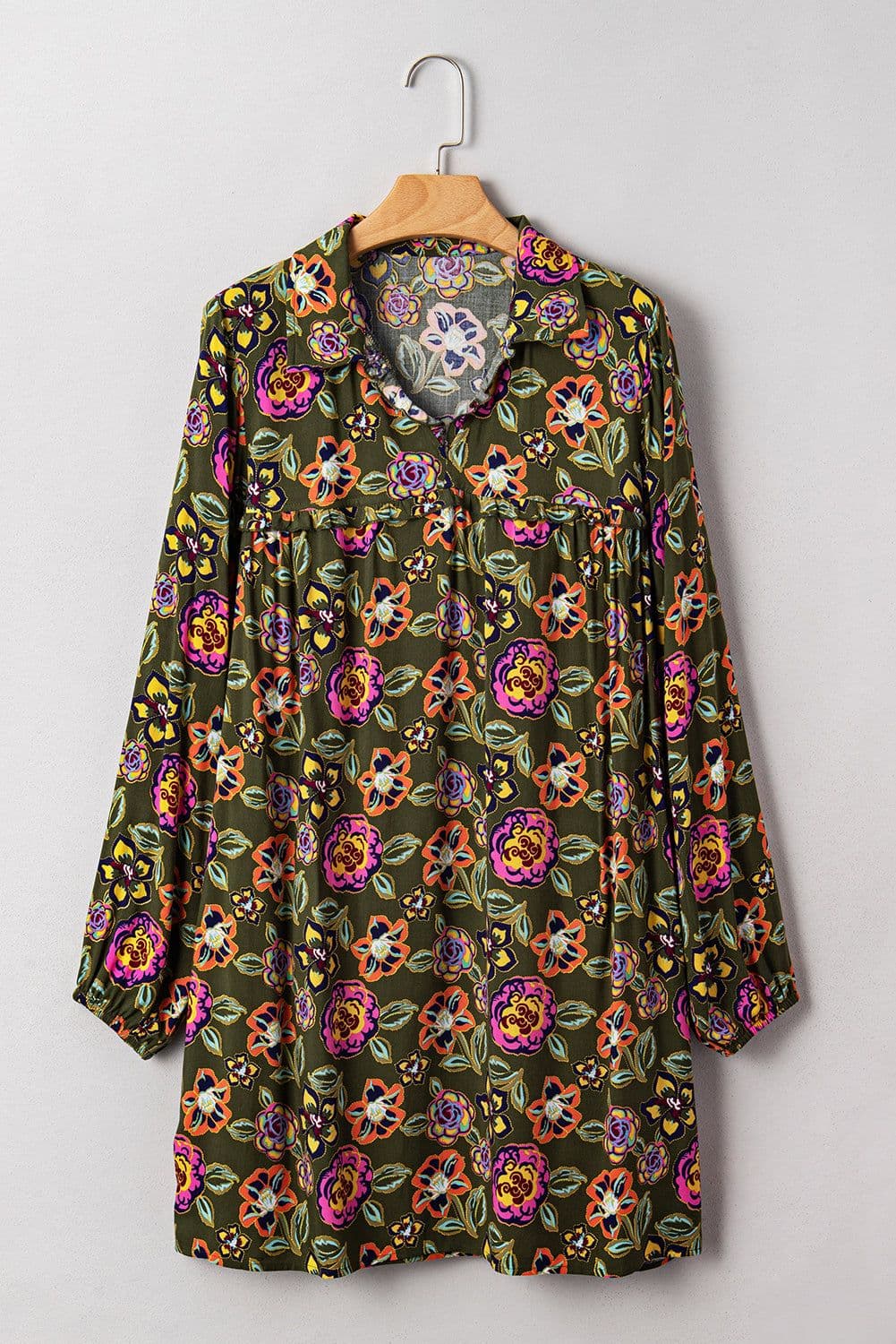 image-Green Floral Print Split Neck Bubble Sleeve Shift Mini Dress