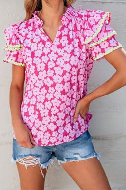 image-Pink Floral Ruffle Sleeve Blouse - Layered Contrast Ric Rac