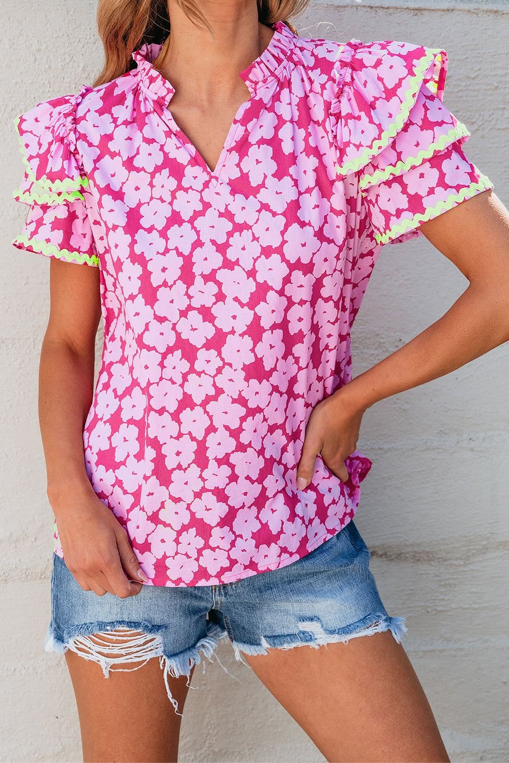 image-Pink Floral Ruffle Sleeve Blouse - Layered Contrast Ric Rac