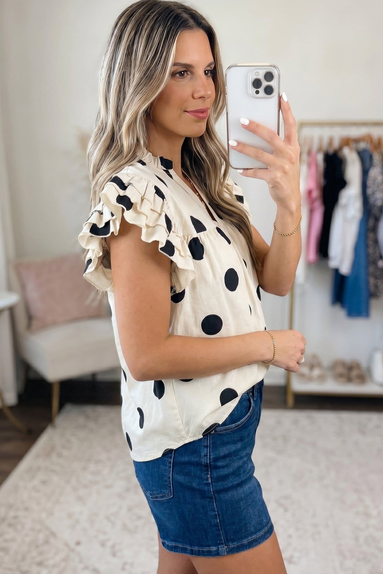 image-Apricot Polka Dot V-Neck Ruffle Short Sleeve Blouse