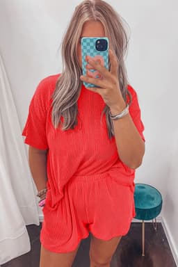 image-Orange Ribbed Textured Knit Loose Fit Tee and Shorts Set