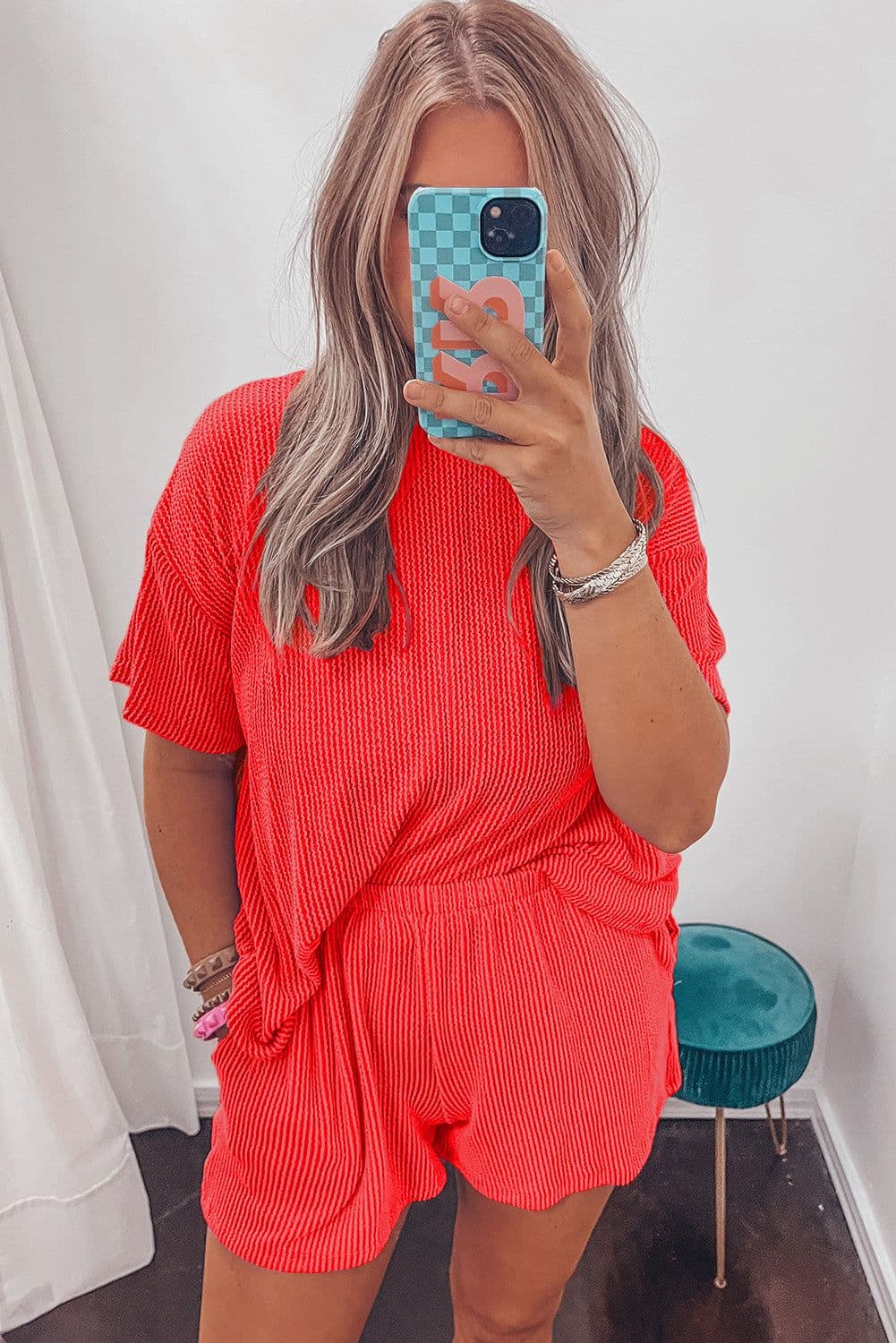image-Orange Ribbed Textured Knit Loose Fit Tee and Shorts Set