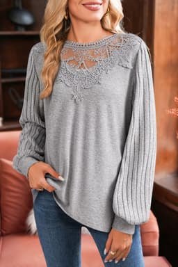 image-Gray Hollowed Lace Ribbed Knit Long Sleeve Patchwork Top