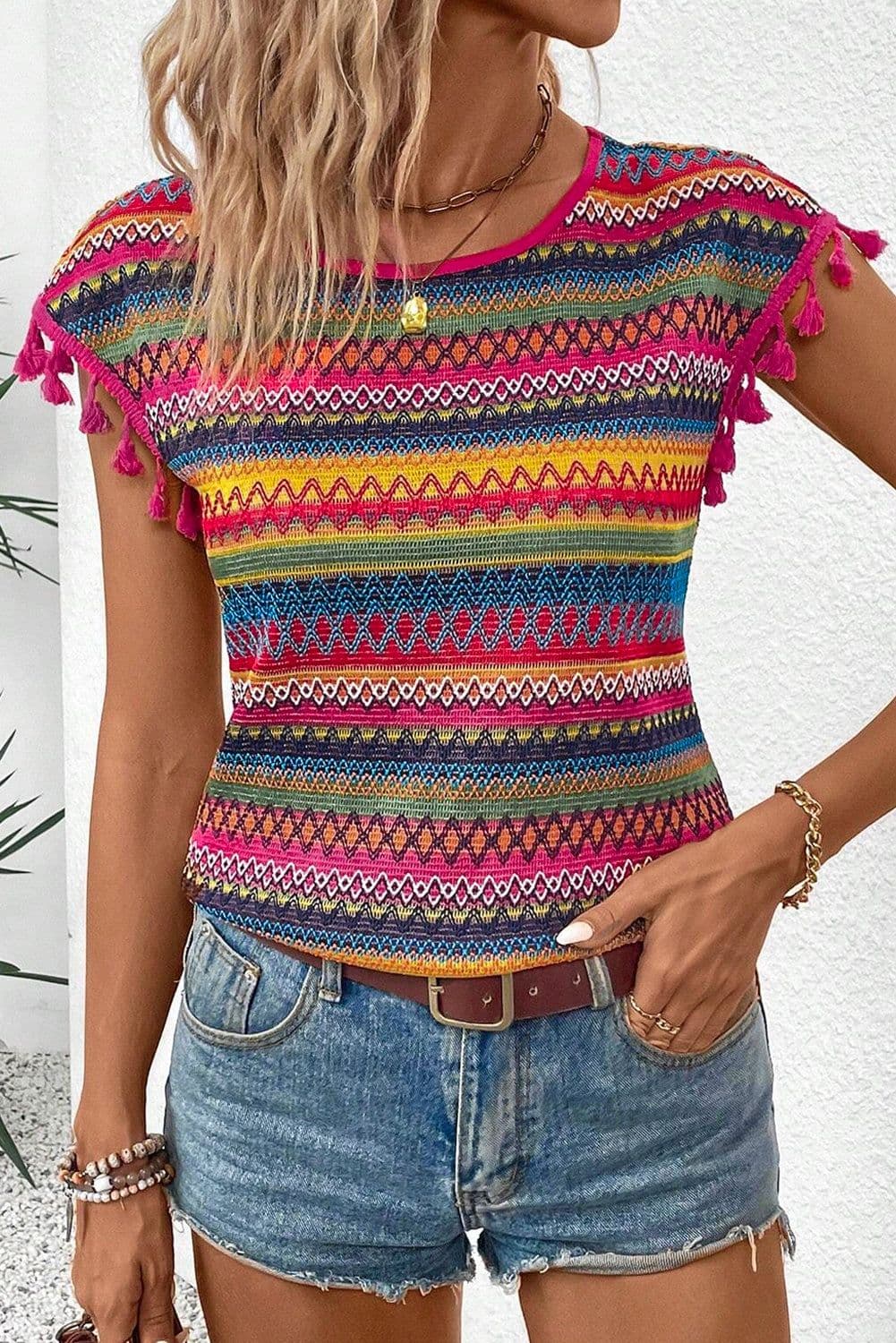 image-Rose Red Jacquard Tasseled Cap Sleeve Top - Luxurious Fabric